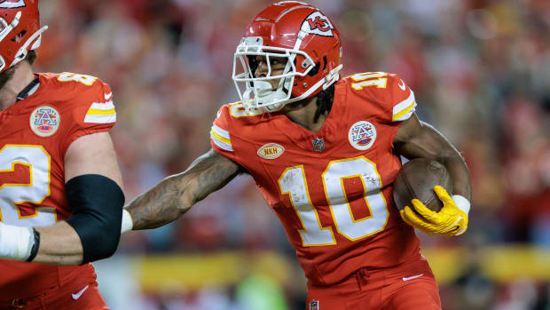 Oct 12, 2023; Kansas City, Missouri, USA; Kansas City Chiefs running back Isiah Pacheco (10) runs the ball during the first quarter against the Denver Broncos at GEHA Field at Arrowhead Stadium. Mandatory Credit: William Purnell-USA TODAY Sports  